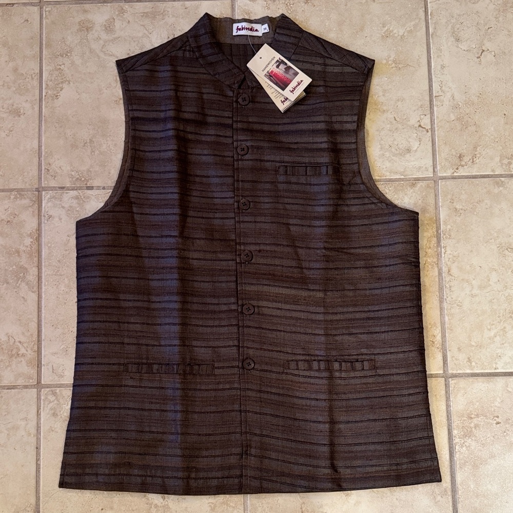 Fabindia Dark Brown Raw Silk Striped Vest for Men